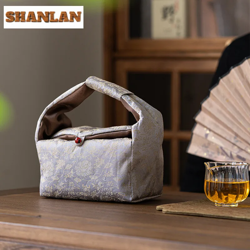 Entangled Lotus Brocade Tea Handbag Travel Portable Storage Bag Thickened Divider Teacup Teapot Cloth Hoppocket Camping Tea Bag