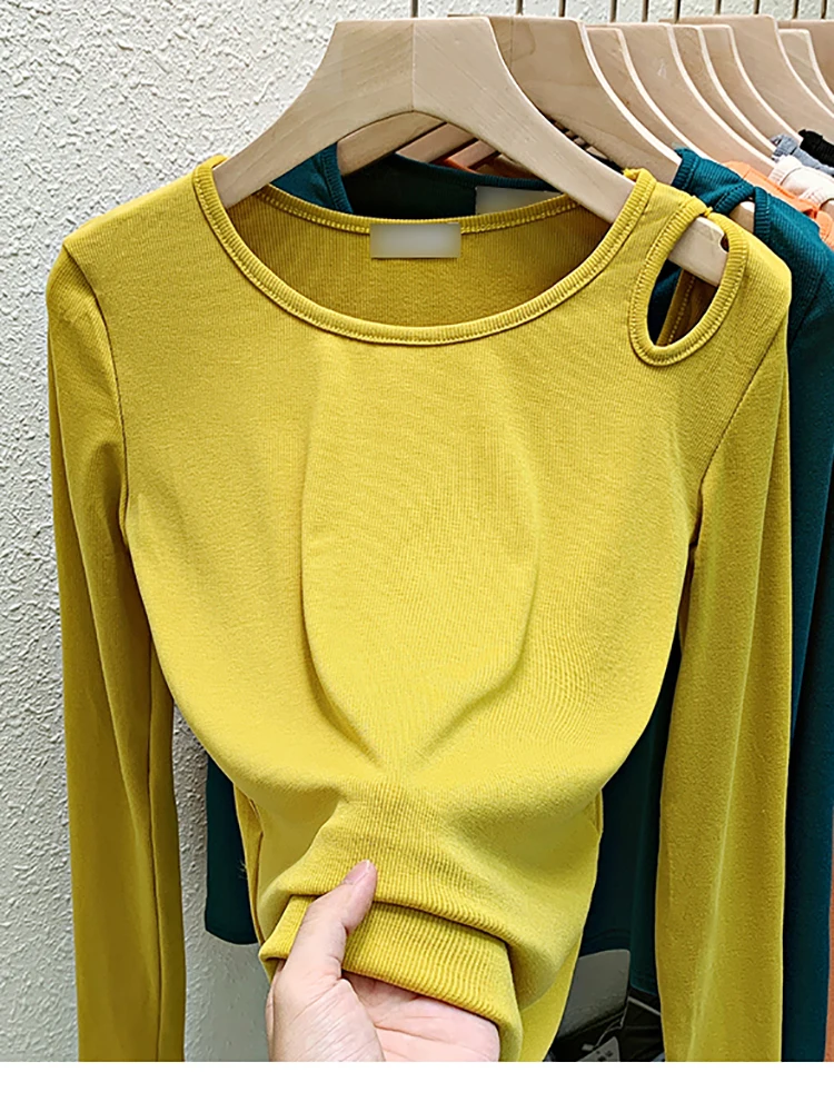 

Autumn New Womens T-shirts Cotton Off Shoulder Long Sleeve O Neck Korean Style Tops Basic Tee Shirt Femme Casual Solid Tshirt