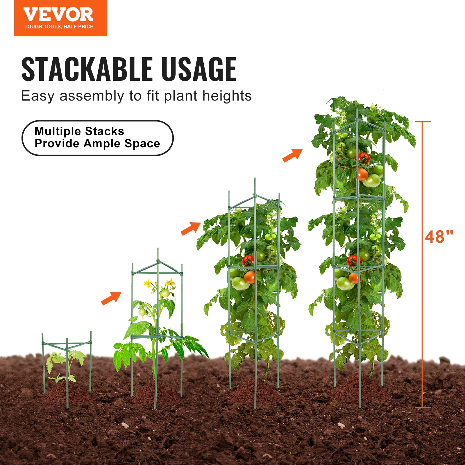 VEVOR 6 Packs Tomato Cages Garden 48 in Trellis Plant Stakes Support Raised Garden Bed Vegetables Flowers Climbing Plants plastic plant supports,plant stakes,plant climbing support,plant stem support,plant support stick,plant support racks,climbing plant trellis,flower stem holder