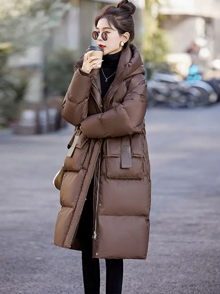 

Long White Duck Down Jacket for Women, Loose Women's Parkas, High-end Popular Coats, 90 White Duck Hood, Fashion, Winter, 2024