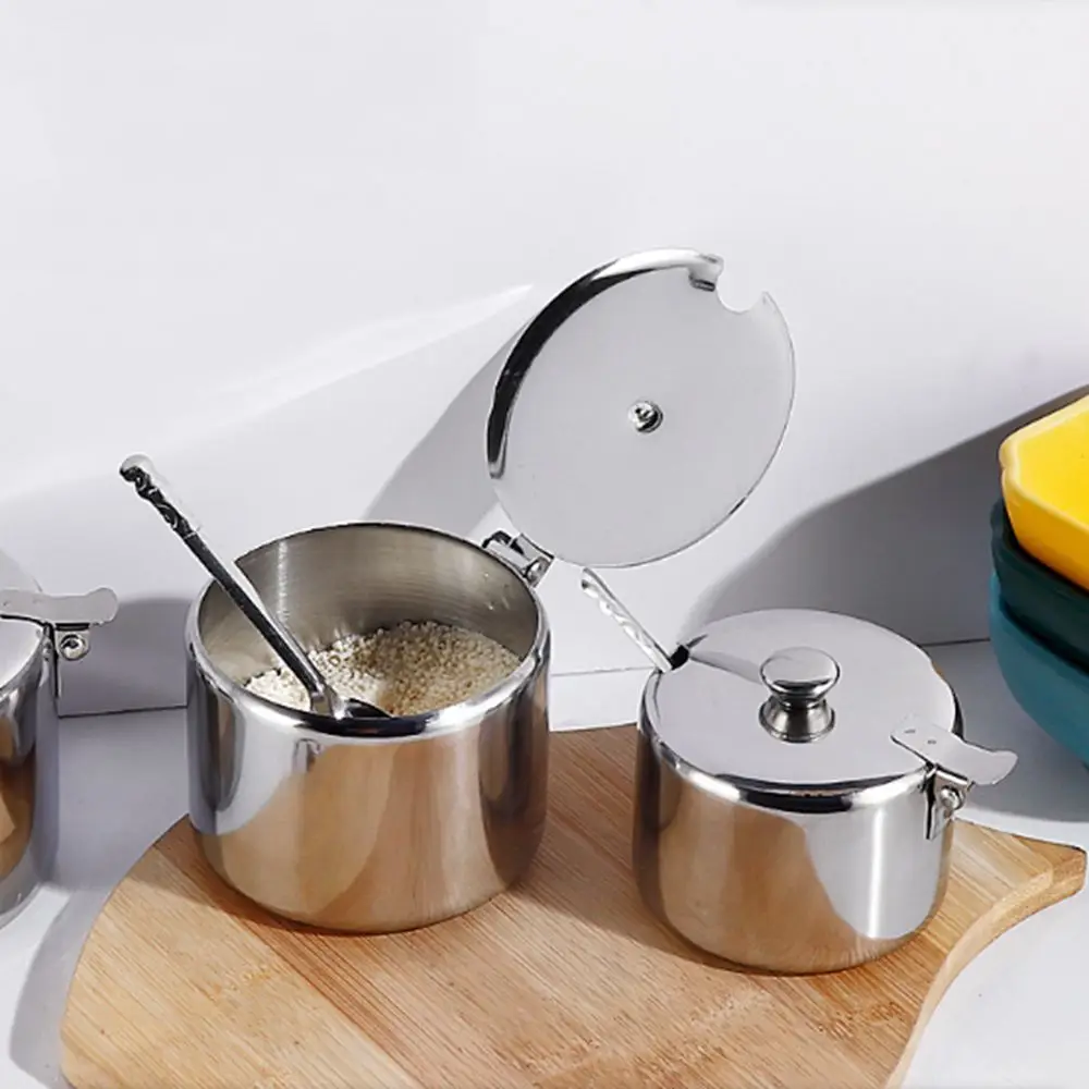 Silver Stainless Steel Sugar Bowl Spice Container Lid Spoon Salt Organizer, seasoning jar,spices bottle