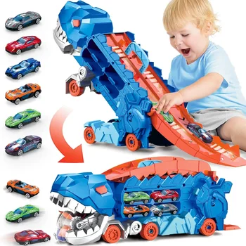 Transport Dinosaur Hauler Truck Foldable Sliding 25 Inch Race Track Transforms into Standing T-rex with 4 Die-cast Cars Toy Kids 1