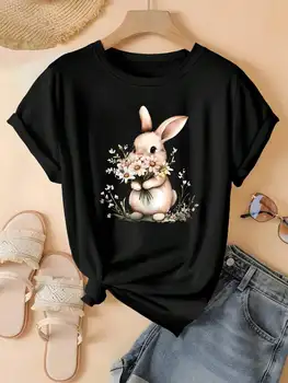 2026 New Fashion Plus Size Women Summer Cute Bunny Holding Flowers Print Casual Crew Neck Short Sleeve Tee Tops Clothing 1