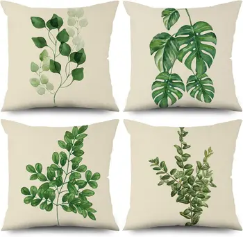 4pcs Green Leaf Cushion Covers, Watercolor Monstera & Eucalyptus Pillow Cases for Sofa Bedroom Living Room Decor 45x45cm 1