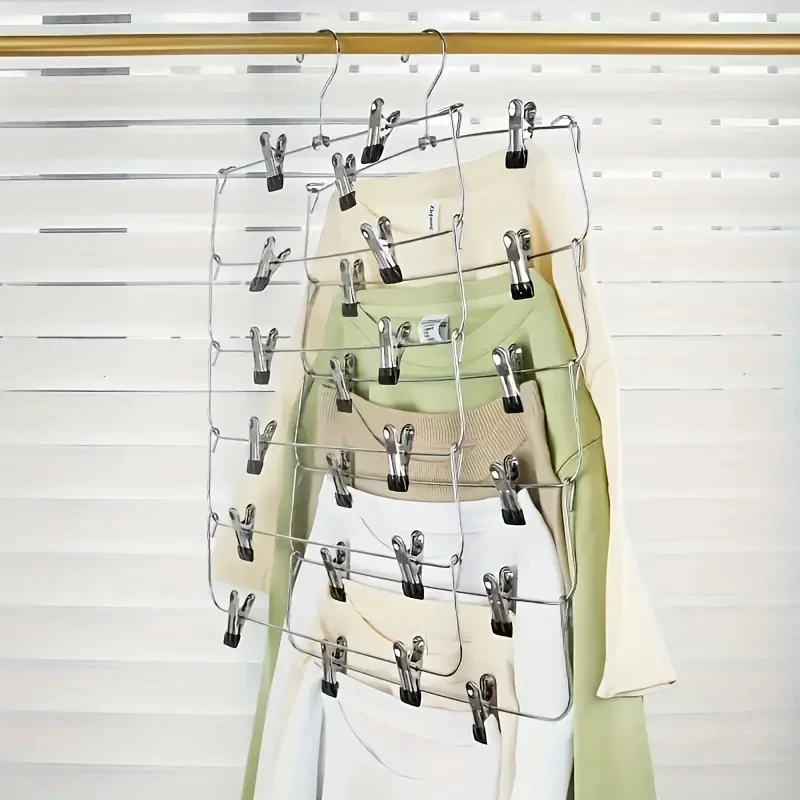 High Quality 6-Tier Metal Pants Hanger With Clips Space-Saving - Durable, Multi-Layer Storage For Skirts And Trousers, Black