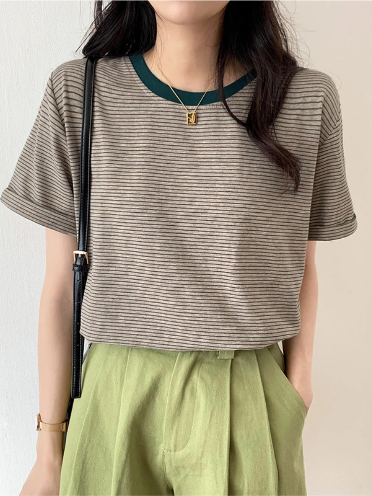 

Stripe T-shirt 2023 Summer New Fashion Top Elegant Korean Short Sleeve Tees Loose Round Neck Casual Women's Clothes Aesthetic