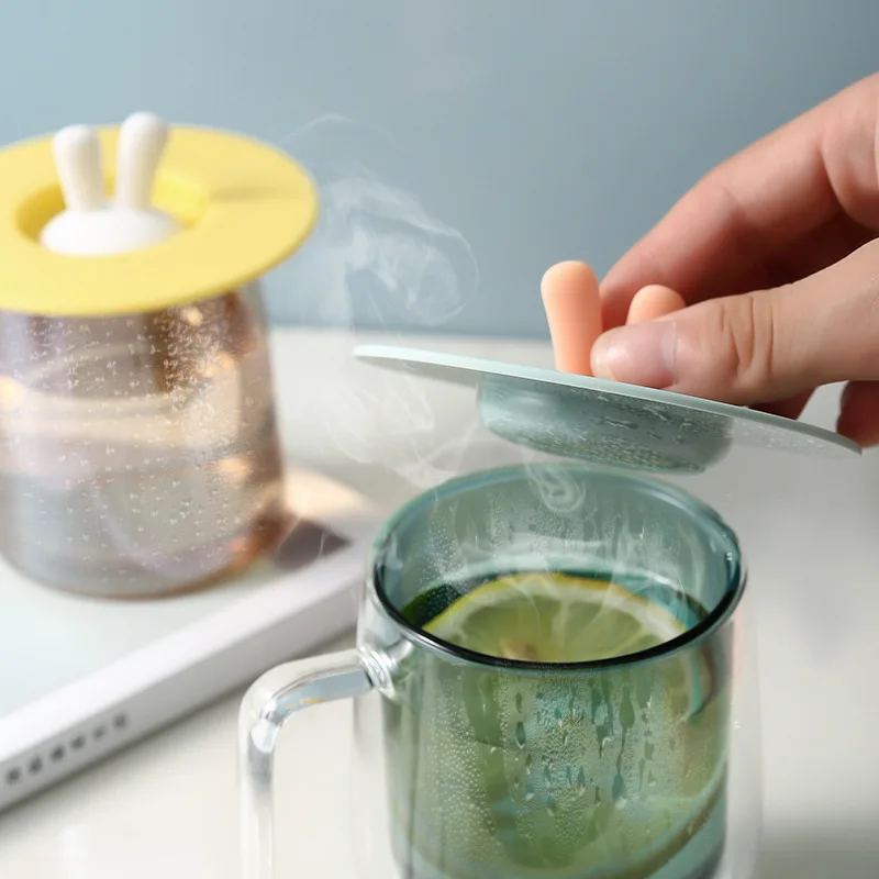 Lovely Rabbit Silicone Cup Lid Anti-Dust Bowl Cover Heat-resistant Milk Coffee Sealed Lid Cap Reusable Seal Suction Airtight Cup