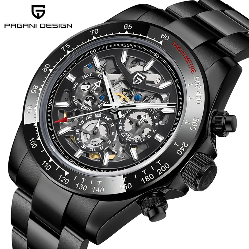 

New PAGANI DESIGN Skeleton Men Mechanical Watch Top Brand Stainless Steel Waterproof Automatic Date Sapphire Glass Chronograph