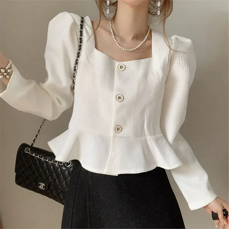 Elegant Women's Ruffle Edge Top Long Sleeve Single-breast Square Collar Solid Color Short Jacket Summer New Arrival 2024