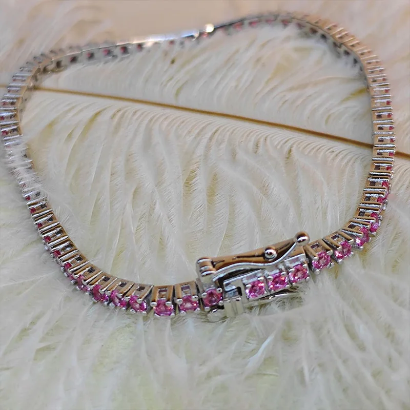 2MM Tennis Bracelet 925 Sterling Sliver Bracelet Pink Zircon 16-18 CM 5A Zircon Elegant Woman‘s Jewelry