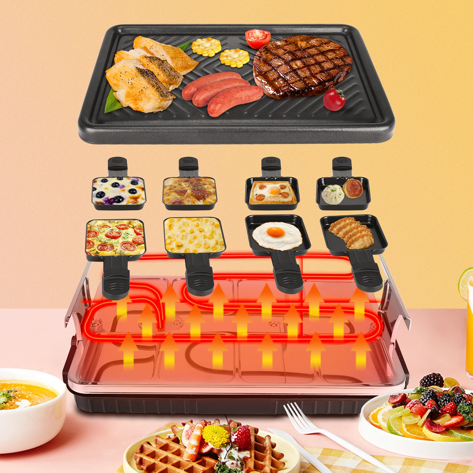 1300W Electric Indoor Searing Grill Bbq Grill Removable Grill Griddle Plates Smokeless Easy-to-Clean Nonstick Cooking Barbecue 4