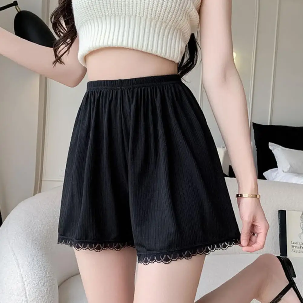 Summer Women Safety Shorts Solid Color Elastic Waist Lace Hem