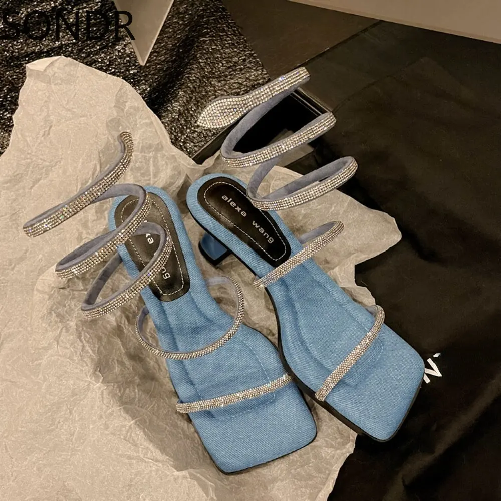 

Womens Denim Jeans S-straps Rhinestones Strange High Heel Sandals Gladiator Square Peep Toe Shoes Summer New New 2024