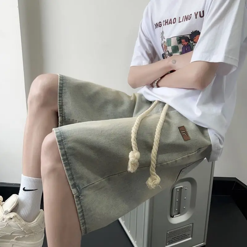 Men Summer Pants Loose American Style Five Quarter Denim Shorts Thin Versatile Mid Length For Outerwear