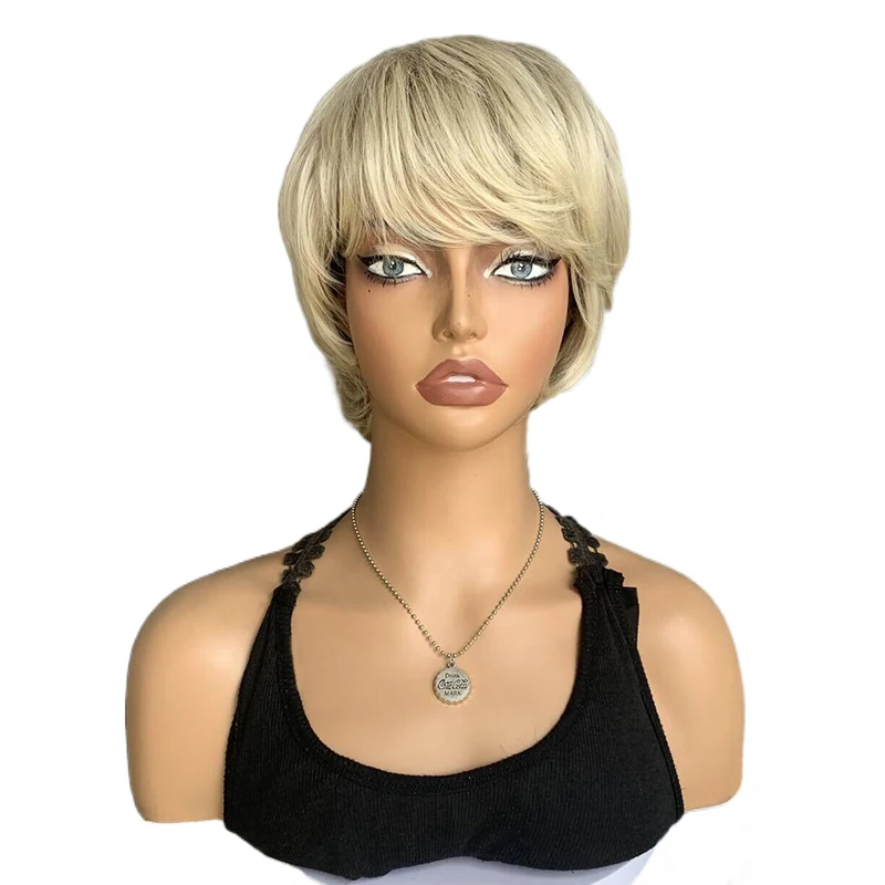 Short Blonde Straight Wavy Hair Synthetic Wig With Bangs Gold Color Mommy Costume Party Daily Use Fake Hair Women's Fashion Wigs