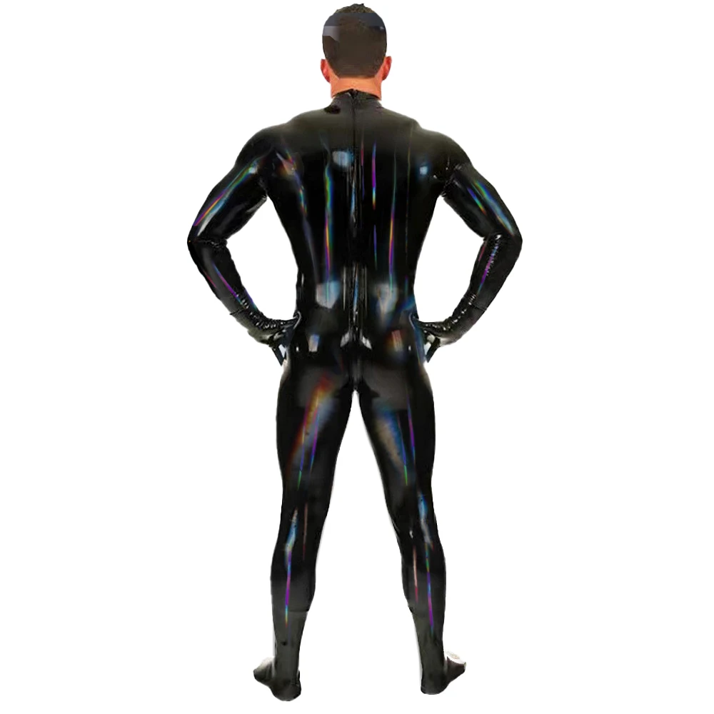 Cosplay costume Patent Leather Jumpsuit M-4XL Mens Cosplay Laser Colorful PU Leather Sexy Bodysuit Body Tights Male Servant Stage Straitjacket