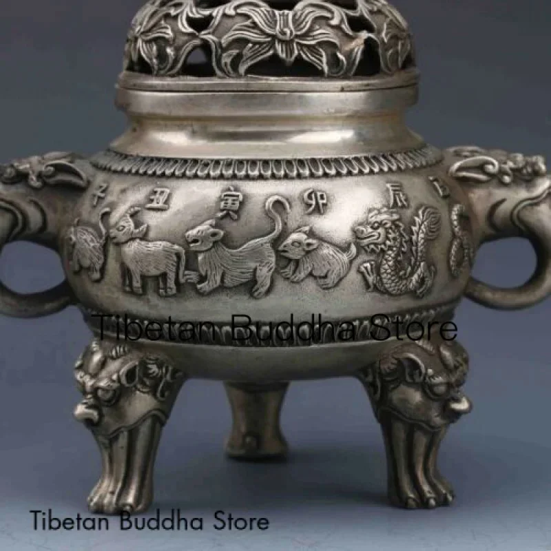 中国チベット香炉,白銅,銀,ライオンの蓋,qianlongマーク