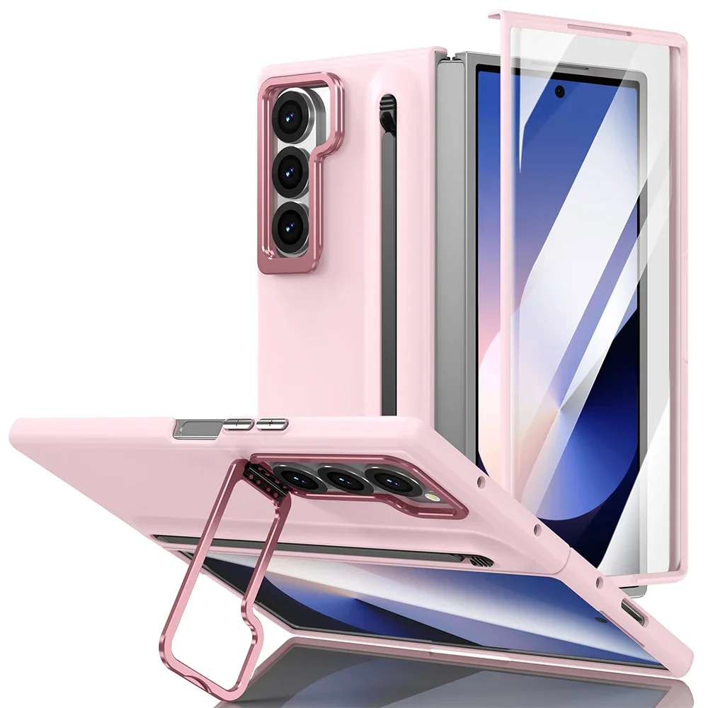 Premium Metal Lens Stand Case with S Pen Slot and Tempered Glass Protector for Samsung Galaxy Z Fold Series