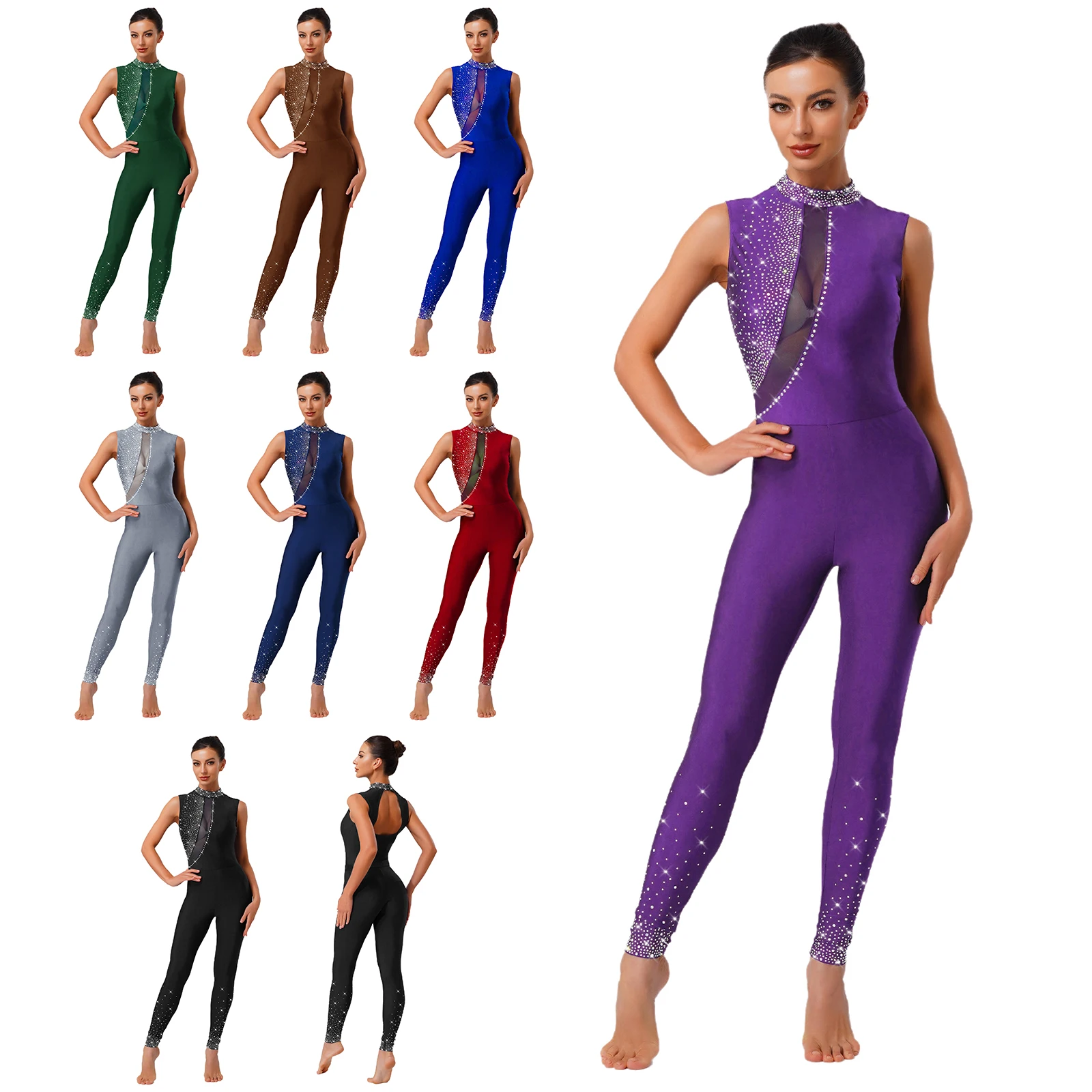 Damen Gymnastik-Ballett-Trikots, Eiskunstlauf-Tanzkostüm, Strampler, Body, glitzernde Strasssteine, figurbetont, Ganzanzug, Overalls – Detail 3