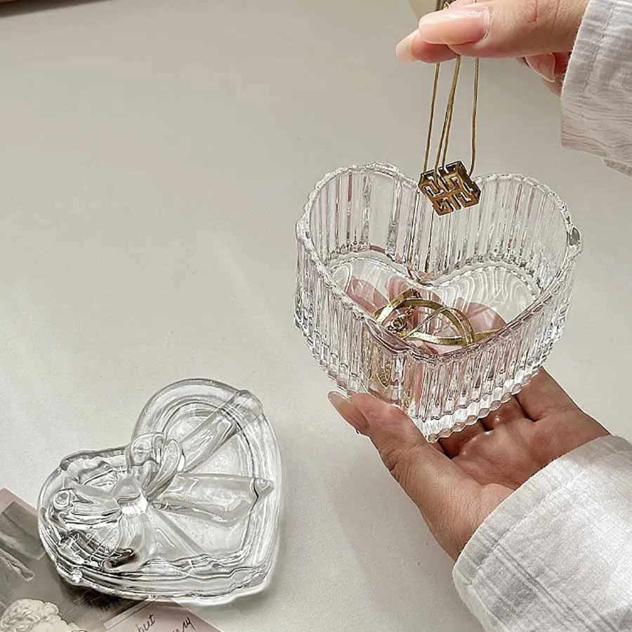 Bowknot Crystal Glass Jewelry Storage Box-Transparent Exquisite Organizer with Lid Multifunctional Home Decor for Dressing Ta