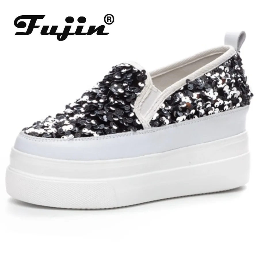 

Fujin 7.5cm Synthetic Platform Wedge Flats Bling Autumn Fashion Mesh Chunky Sneaker Casual Leather Comfy High Brand Summer Shoes