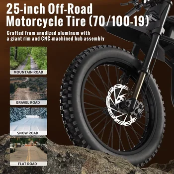 Ebike GT73 2000W Electric Dirtbike 25” Tires 36.4AH Dual Battery EBike Max 37 MPH Dual Hydraulic Brakes Suspension 5