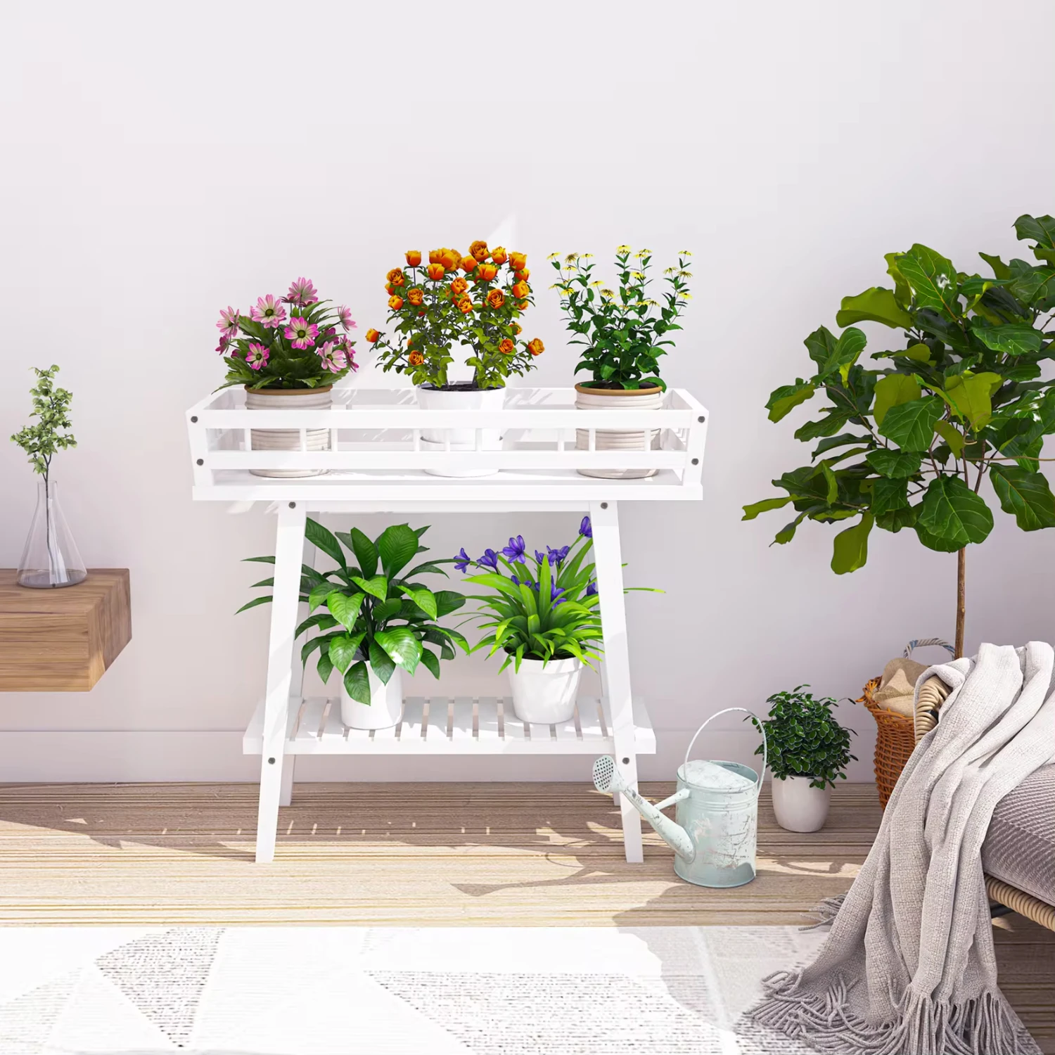 White Plant Shelf Indoor, 2 Tier Tall Plant Stand Table Multiple Plants, Window Table Plants