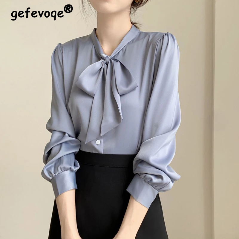 

Spring Summer Women's Elegant Fashion Bow Buttons Chiffon Shirt Ladies Long Sleeve Loose Casual All-match Cardigan Blouse Femme