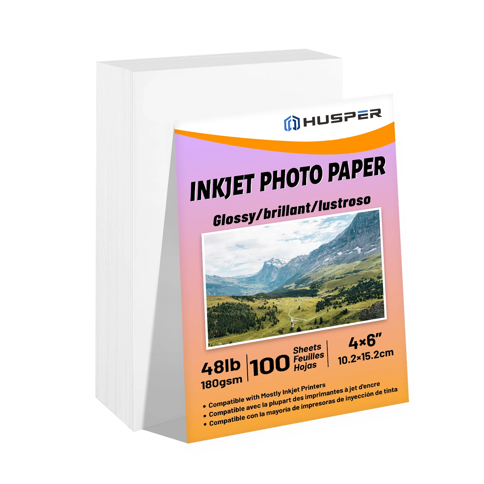 HUSPER 4x6 pouces 180gsm papier Photo brillant simple face 100 feuilles papier d'impression Photo Compatible jet d'encre 102x152mm dos gris