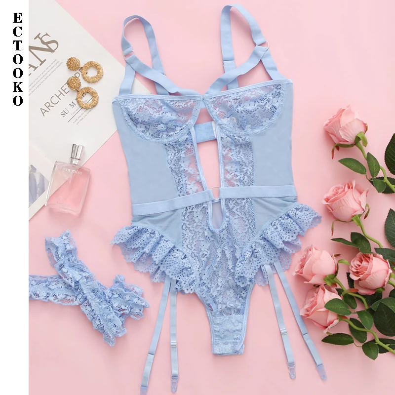 Embroidery Floral Backless Mesh Sheer See Through One-piece Rompers Women Lingerie Slim Bodysuit Babydoll sexy lingerie
