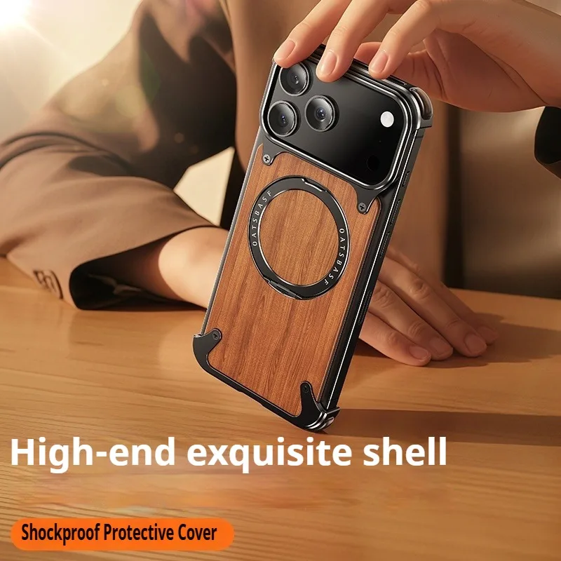 Eary Natural Wooden Frameless Case For iPhone 17 Pro Max 17 Air With Magsafe 360°Rotation Magnetic Stand Shockproof Phone Cover