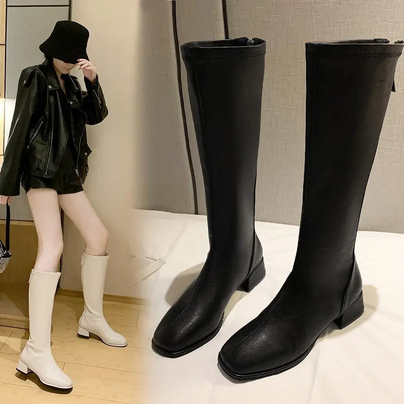 

2022 Autumn Winter New Leather Long Boots Rear Zipper Large Size High Boots Thick Heel Low Heel Knight Boots for Women