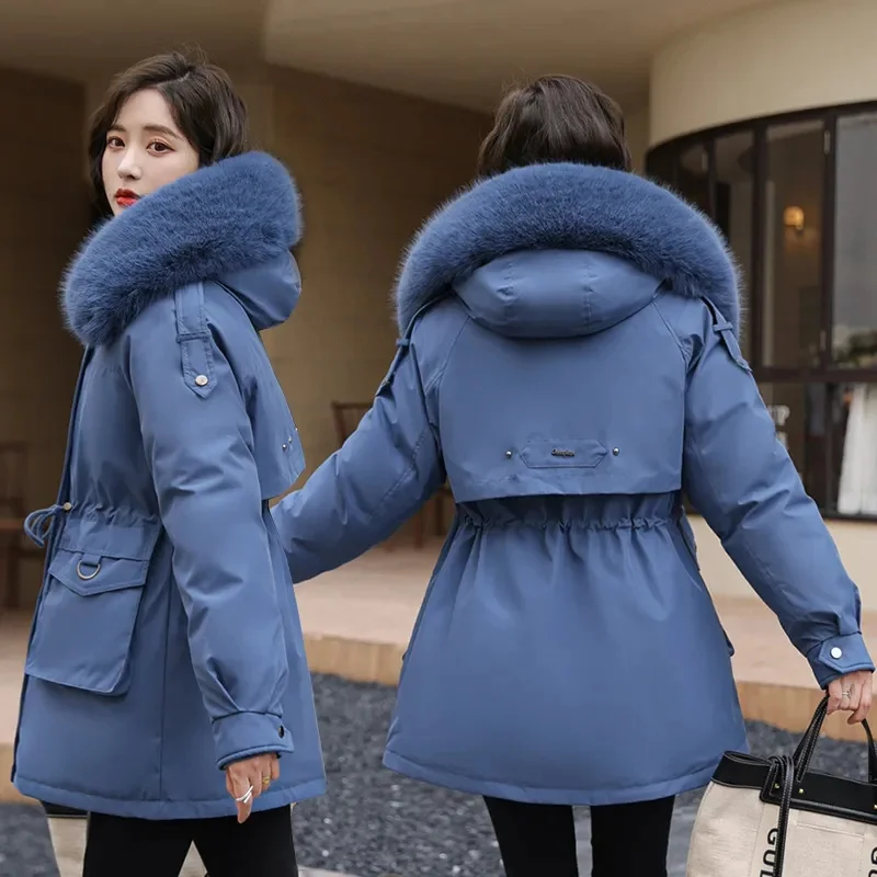 2023 Winter New Women Cotton Jacket Female Fashion Fur Collar Hooded Mid-Length Outwear Thicken Warm Casual Fur Lining Parkas