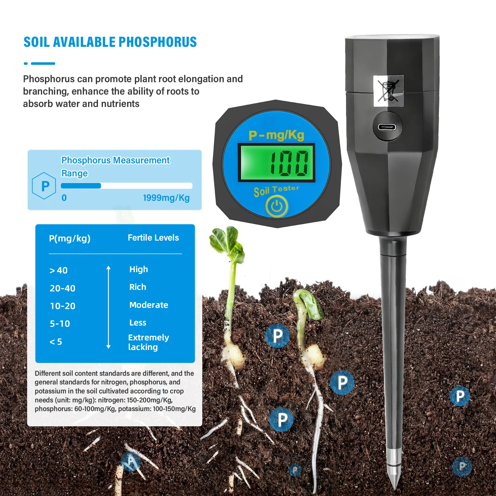 Soil Nutrient Tester NPK Sensor Digital Soil Analyzer 0-1999mg/kg Soil Fertility