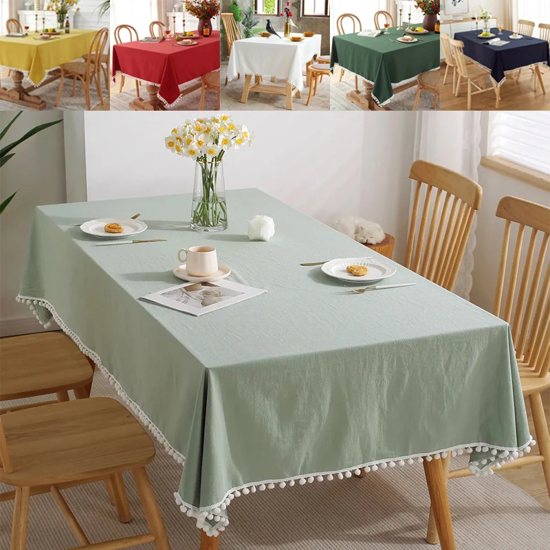 

1PC Easter Pure Color Tassels Cotton Tablecloth Washed Cotton Red Green Christmas Table Cover for Home Party Dining Table Decora