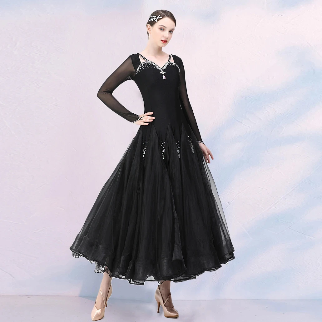 Gauze Stitching Rhinestones Plus Size Women Ballroom Dance Competition Dress Viennese Waltz Dress Foxtrot DanceWear Ball Gown