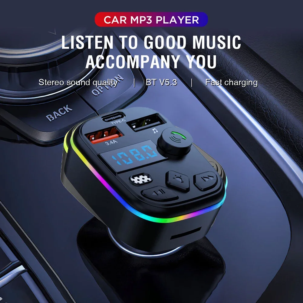 Car Charger FM Transmitter Bluetooth 5.0 PD Type-C Dual USB Ambient Player Handsfree Car MP3 Charger Type-C Wireless Light
