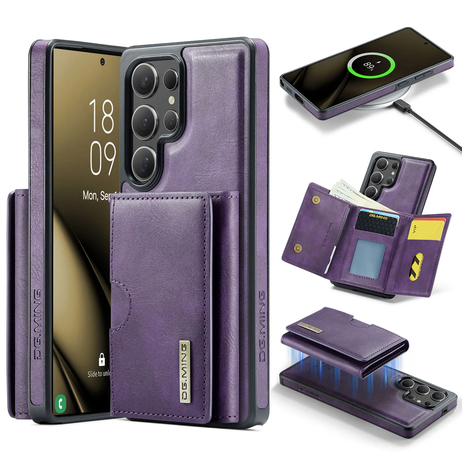 Magnetic Leather Wallet Phone Case with Detachable Flip Card Holder