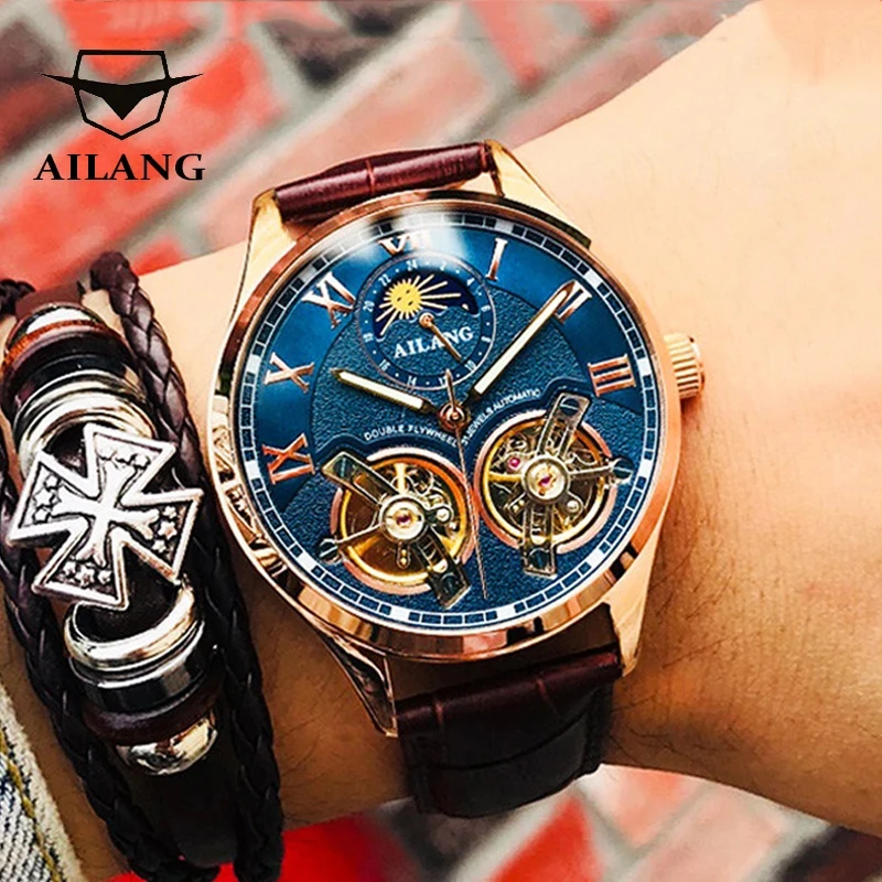 Mechanical Watch Business Watch Link AILANG Double Tourbillon Design Business Men Mechanical Watch Fashion Leather Moon Phase Automatic