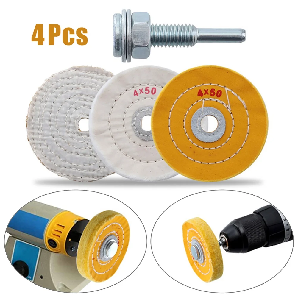 

4pcs Polishing Wheels And Adapter 14-16mm Hole 12mm Thickness 100mm Diameter Pure Cotton Cloth Electric Drill Abrasive Tool