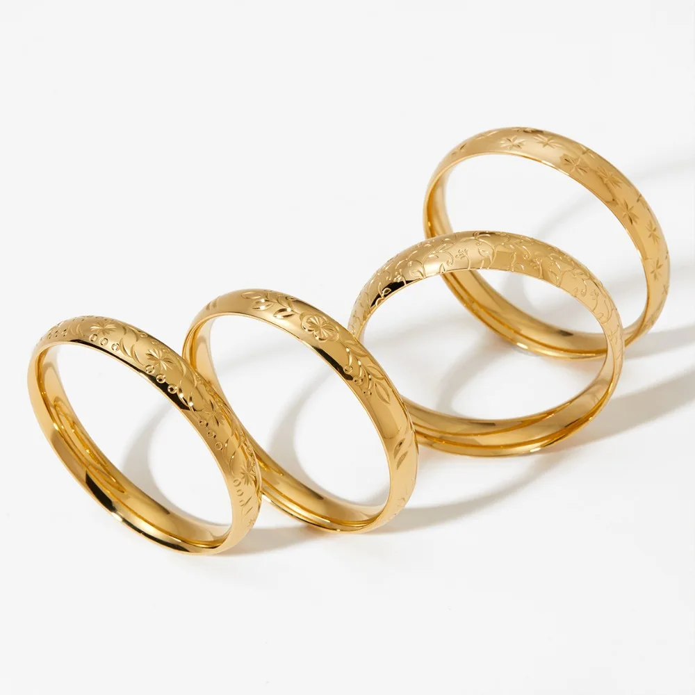Retro Rock Printing 18K Gold Plated Bangle for Women Girls Waterproof Quality Stainless Steel Flower Bracelet Party Gift Jewelry