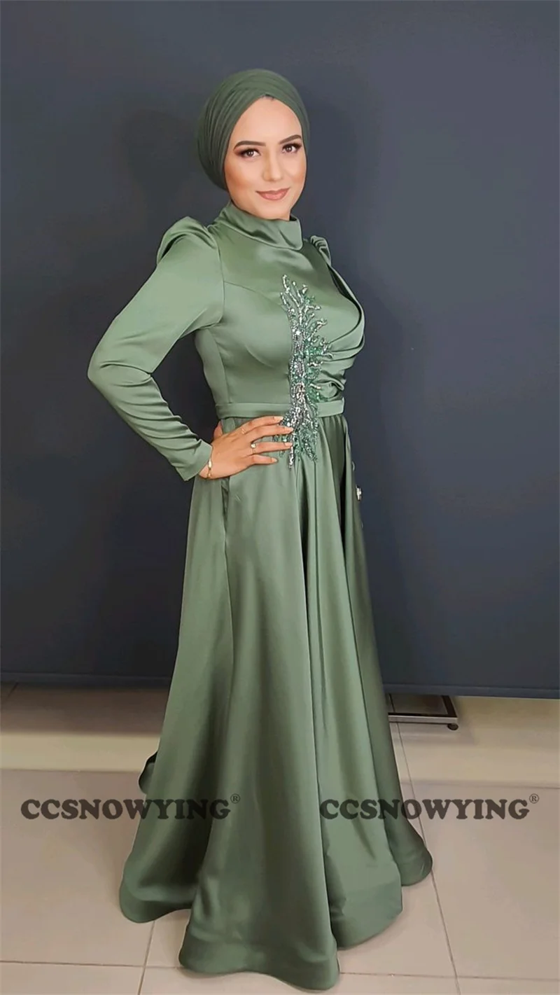 

Атласные вечерние платья с аппликацией, платье с длинным рукавом и карманами для Исламской официальной вечеринки, платье для выпускного вечера, женское арабское платье Дубая, вечернее платье