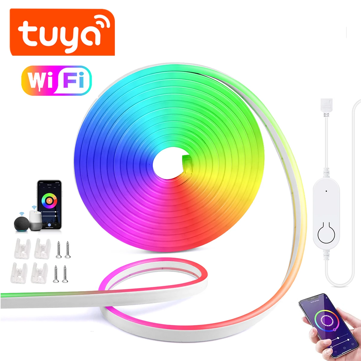 Smart Tuya WiFi RGB LED Strip Neon Alexa Light Waterproof LED Tape with Dimmable LED Controller Dimmer Switch Google Home Decor
