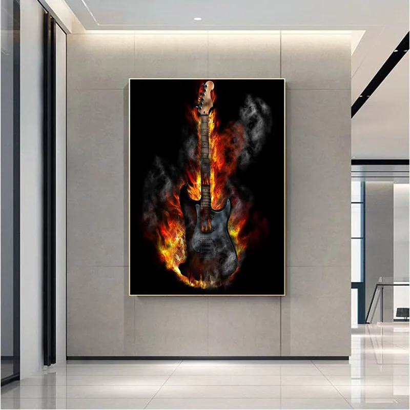 Modern Guitar with Fire Canvas Painting Music Posters and