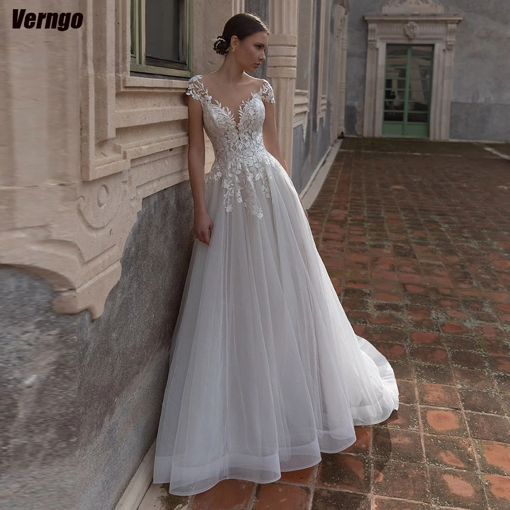 

Verngo Tulle Appliques Wedding Dresses A-line Sweetheart Short Sleeves Bridal Gown Floor Length Bride Dress Vestidos De Novia