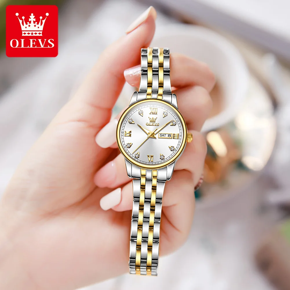 OLEVS Quartz Watch for Women Luxury Stainless Steel Dual Calendar Dial Waterproof Luminous Women's Wristwatch Clock Reloj Mujer