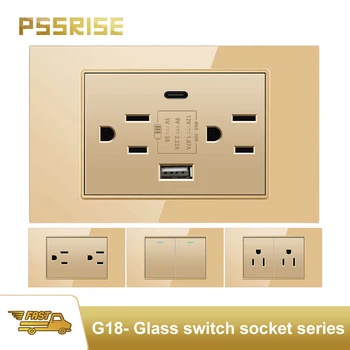 เต้ารับไฟฟ้าติดผนัง PSSRISE US พร้อมพอร์ต USB Type-C ชาร์จเร็ว แบบอเมริกัน เม็กซิโก สีขาว กระจกนิรภัย ปลั๊กไฟสำหรับใช้ในบ้าน 1