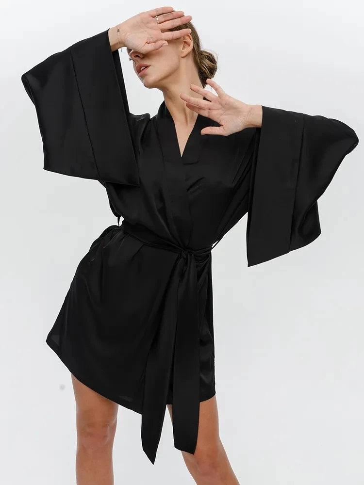 Sexy Women's Dressing Gown Flare Sleeve Bathrobe Female Black Loose Robes Women V-Neck Women's Nightwear With Sashes 2022