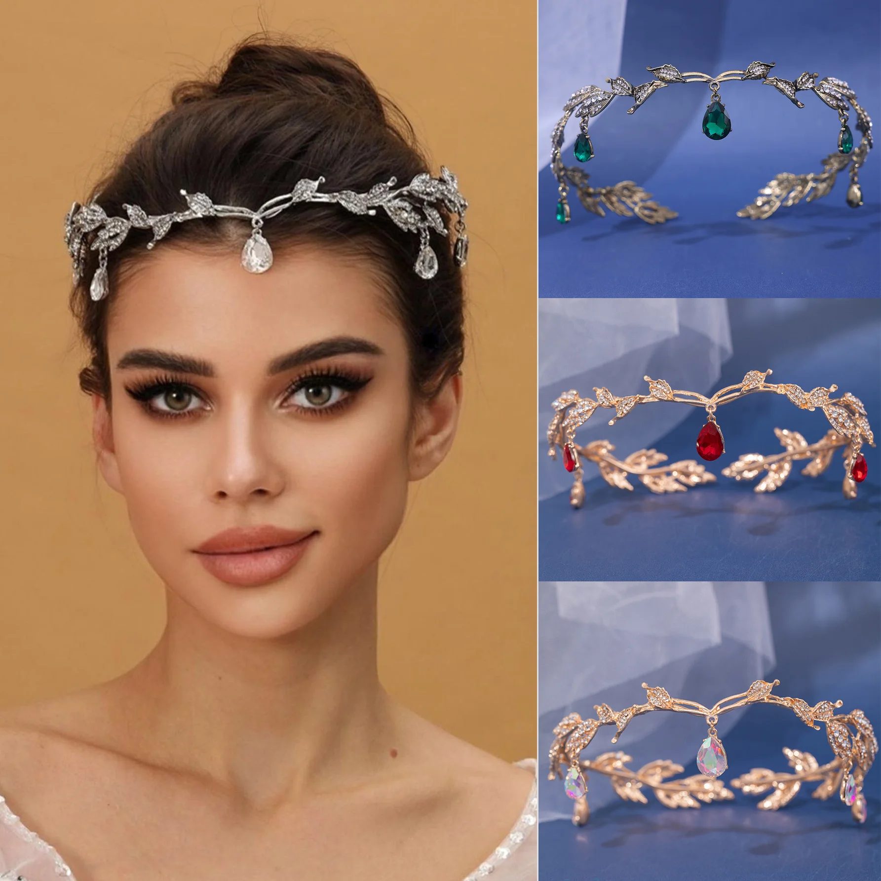 Hair Accessories Bridal Hair Accessories Crown Headband Vintage Crown Leaves Waterdrop Pendent Tiara Wedding Hairband Rhinestone Party Princess Elf Hairdress Jewelry