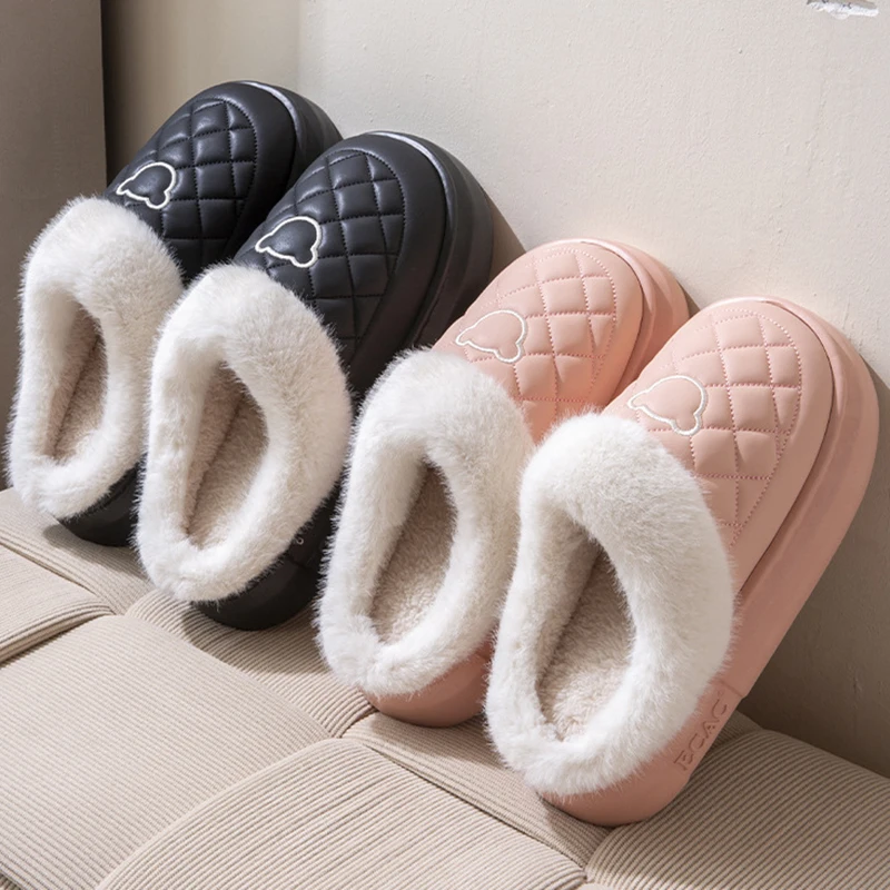 Thick Platform Home Cotton Slippers for Women Indoor Waterproof Non Slip Fluffy Slides Woman Thicken Plush Winter Slides Female